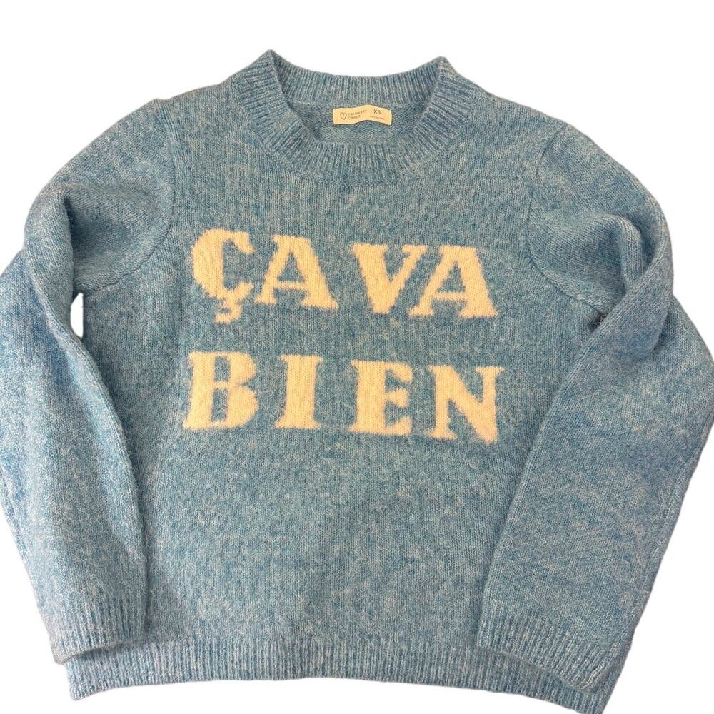 CAVA BIEN Blue Sweater XS Oversized French Graphic Knit Primark Cares